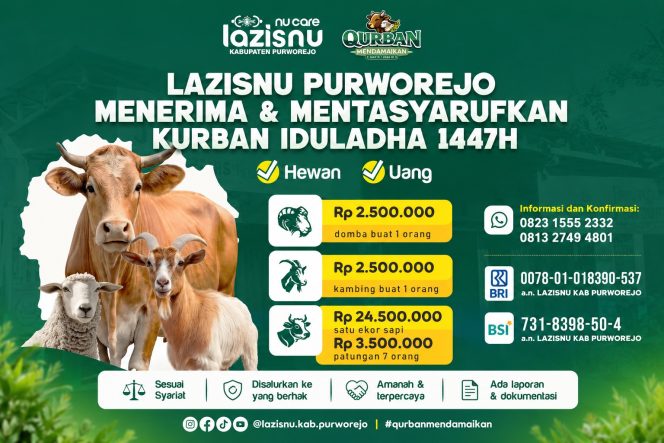
					Saatnya Berbagi di Hari Raya, LAZISNU Purworejo Buka Layanan Kurban 1447 H